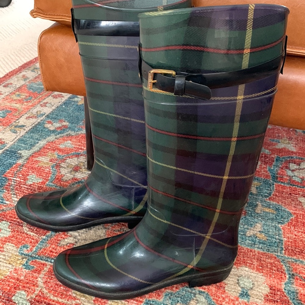 Ralph Lauren green plaid women’s rain boots size 10.